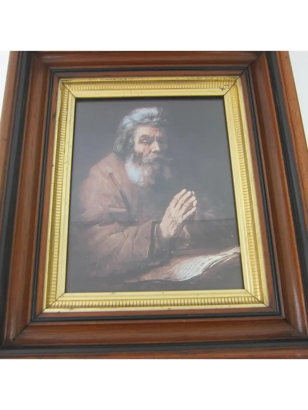 Antique Victorian Deep Picture Frame Walnut Wood Gold Gilt Old Man Praying Print